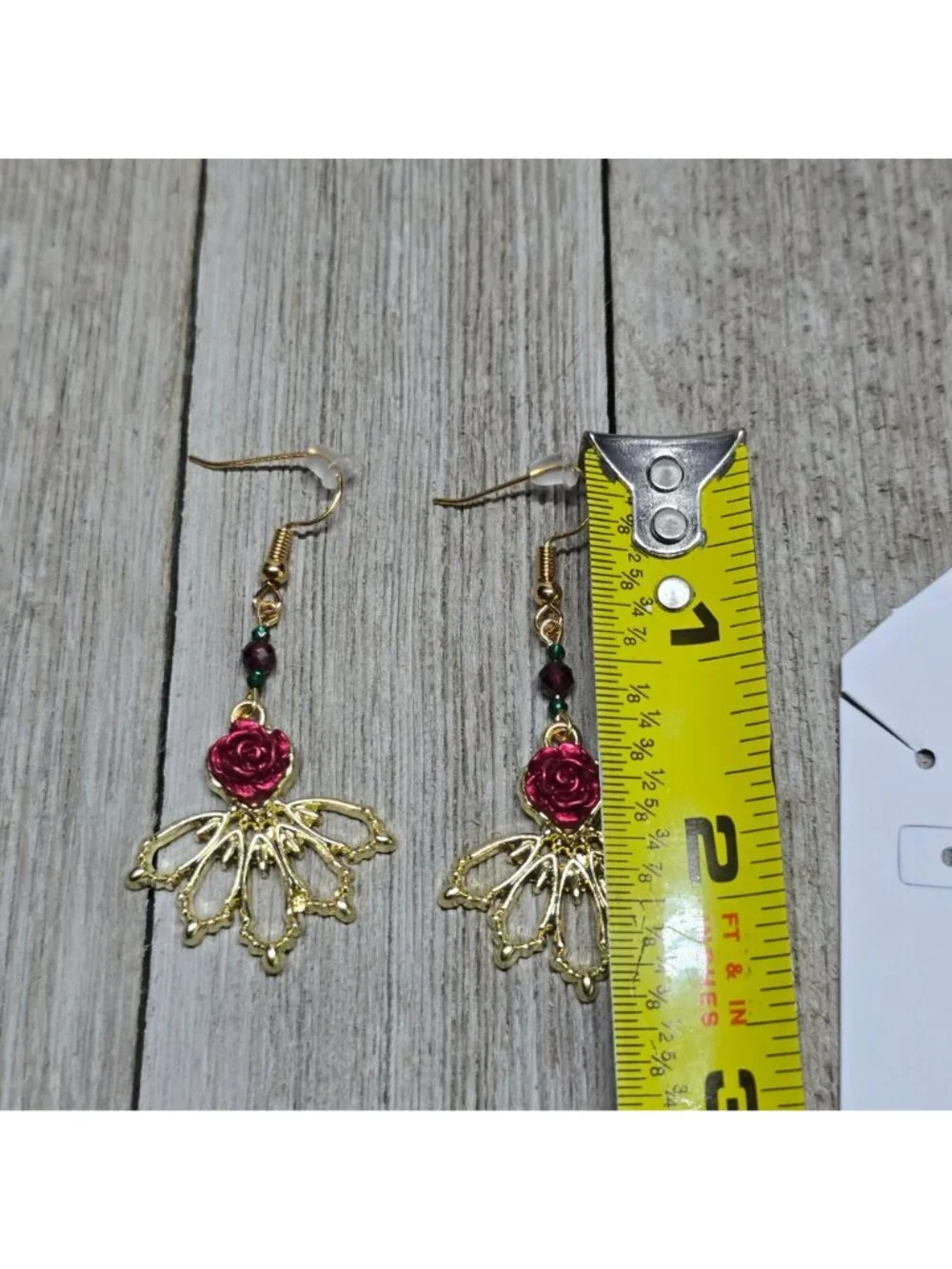 Handcrafted 18k gold plated emerald and garnet ornate dangle rose earrings